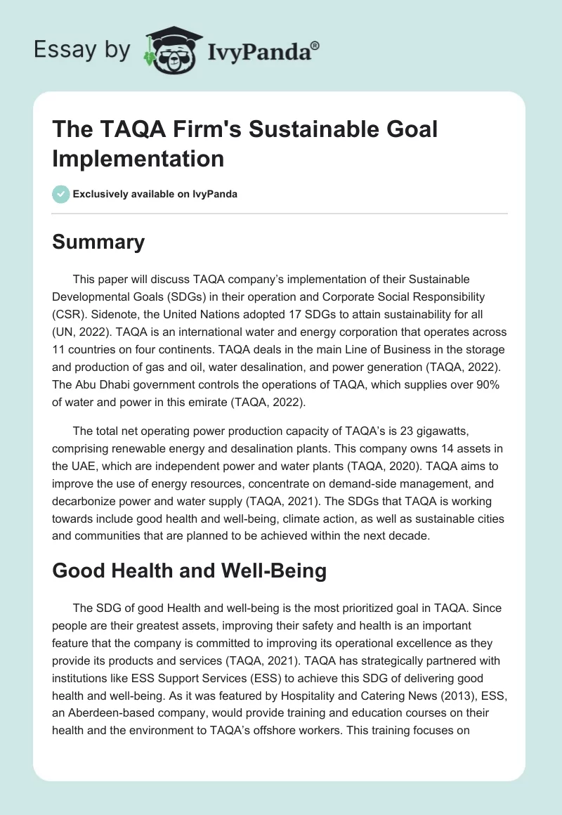 The TAQA Firm's Sustainable Goal Implementation. Page 1