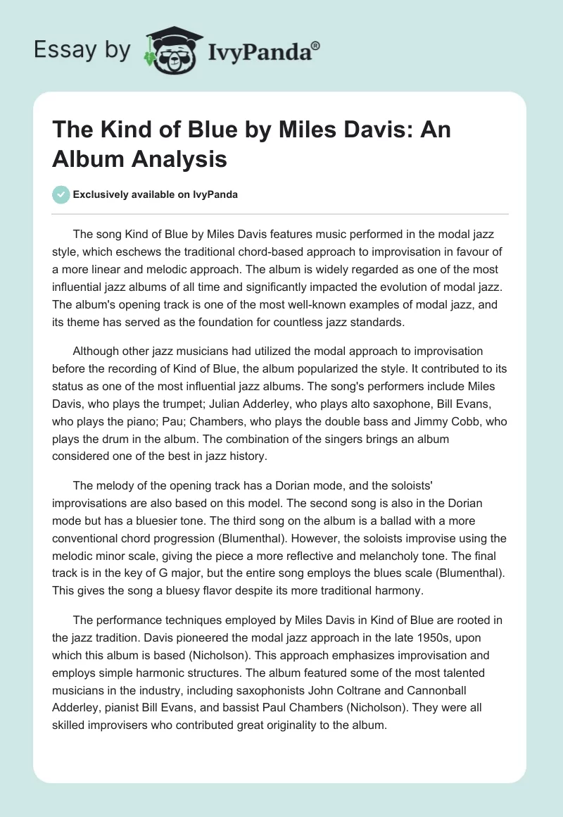 The Kind of Blue by Miles Davis: An Album Analysis. Page 1