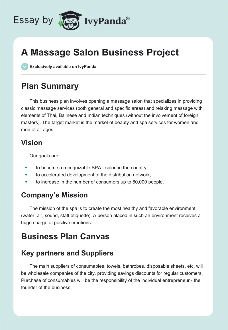 A Massage Salon Business Project. Page 1