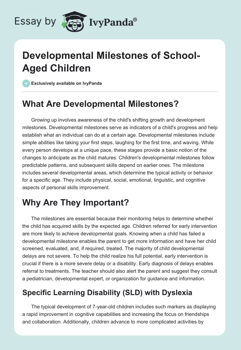 Developmental Milestones of School-Aged Children. Page 1