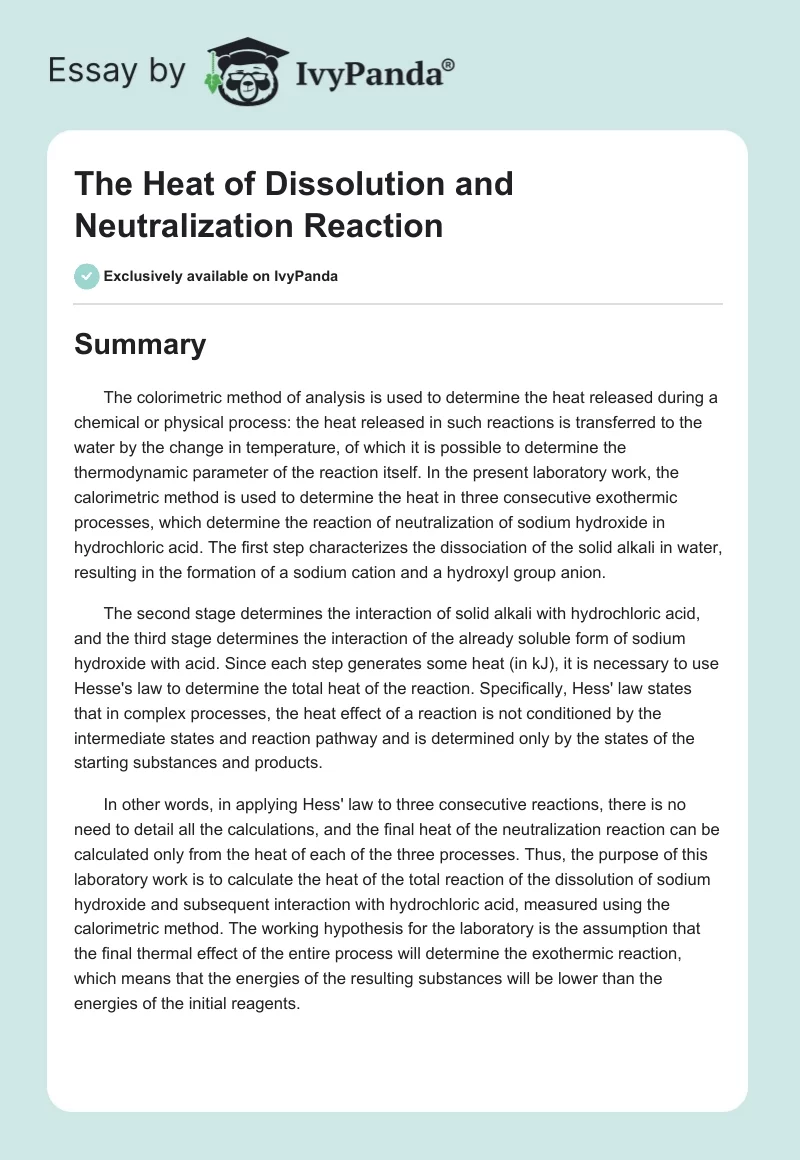 The Heat of Dissolution and Neutralization Reaction. Page 1