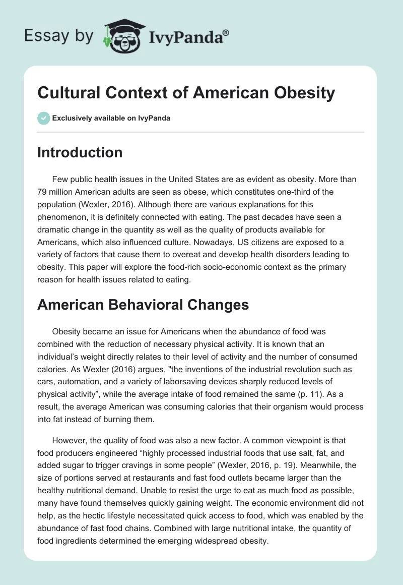 Cultural Context of American Obesity. Page 1