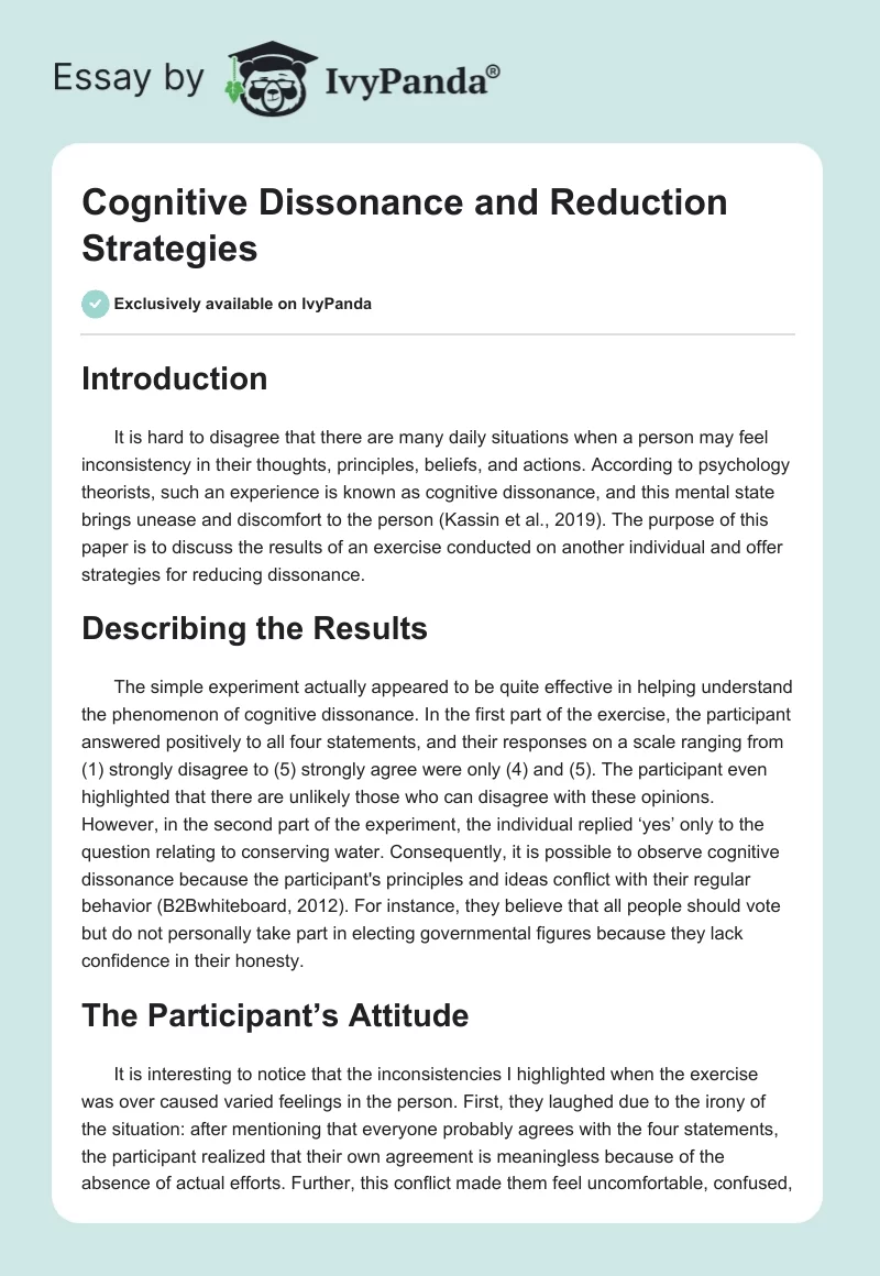 Cognitive Dissonance and Reduction Strategies. Page 1