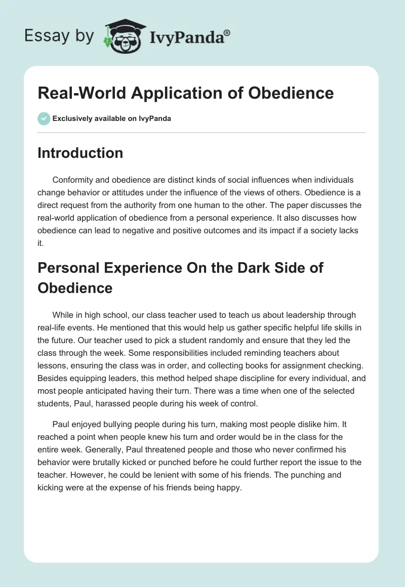 Real-World Application of Obedience. Page 1