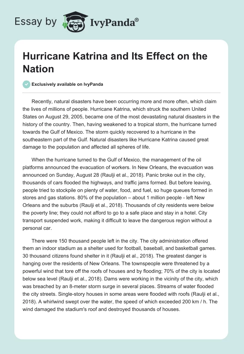 Hurricane Katrina and Its Effect on the Nation. Page 1