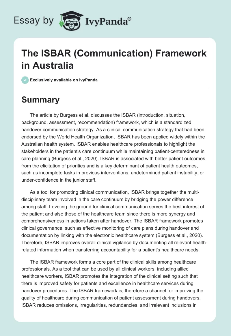 The ISBAR (Communication) Framework in Australia. Page 1