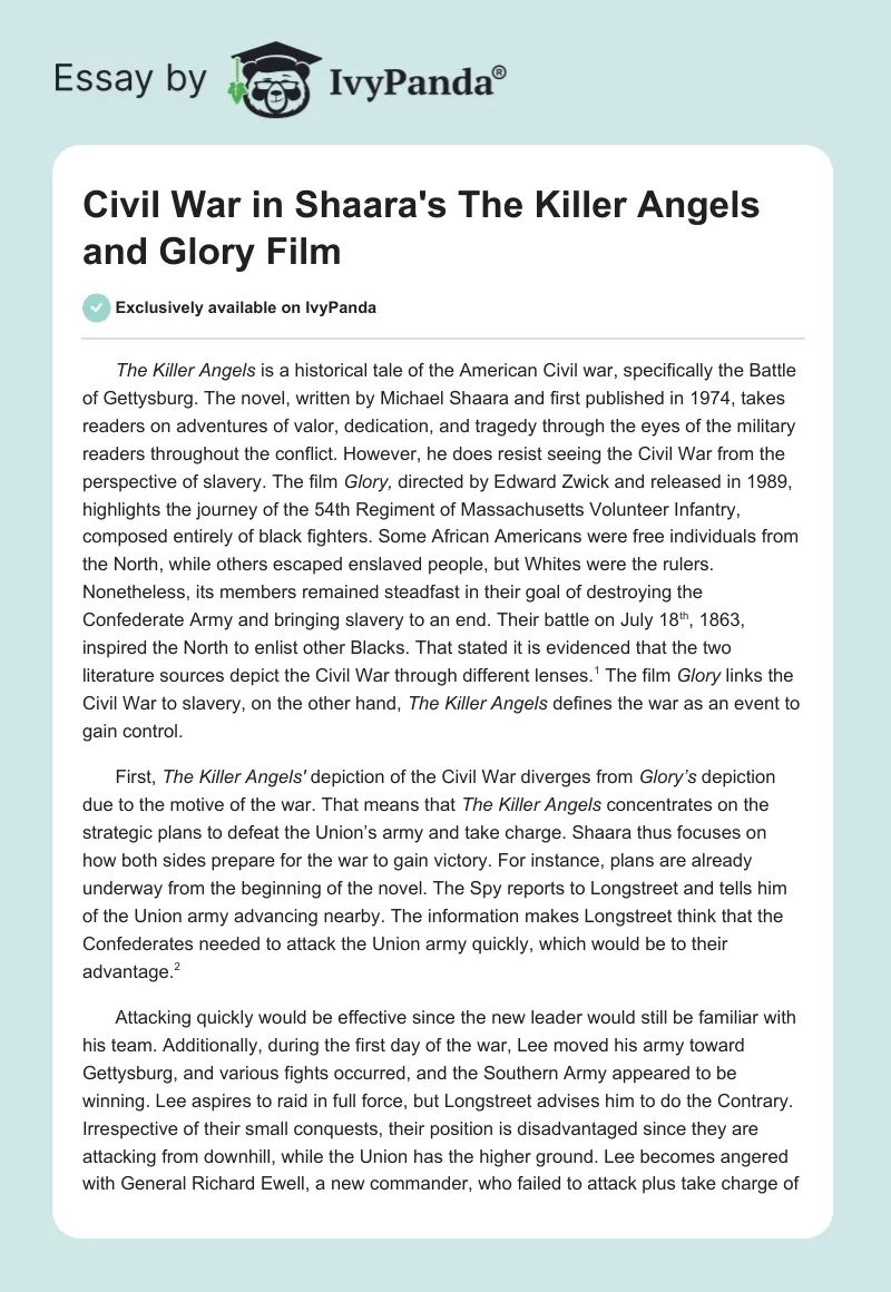 Civil War in Shaara's The Killer Angels and Glory Film. Page 1