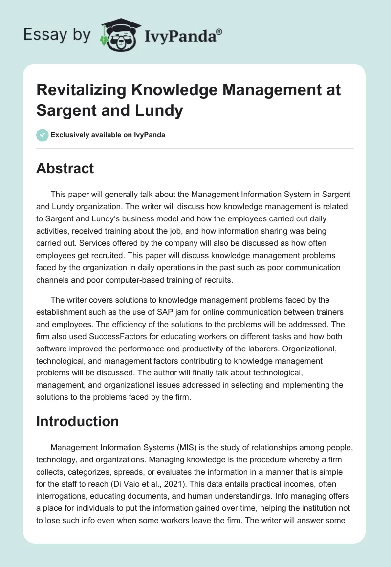 Revitalizing Knowledge Management at Sargent and Lundy. Page 1