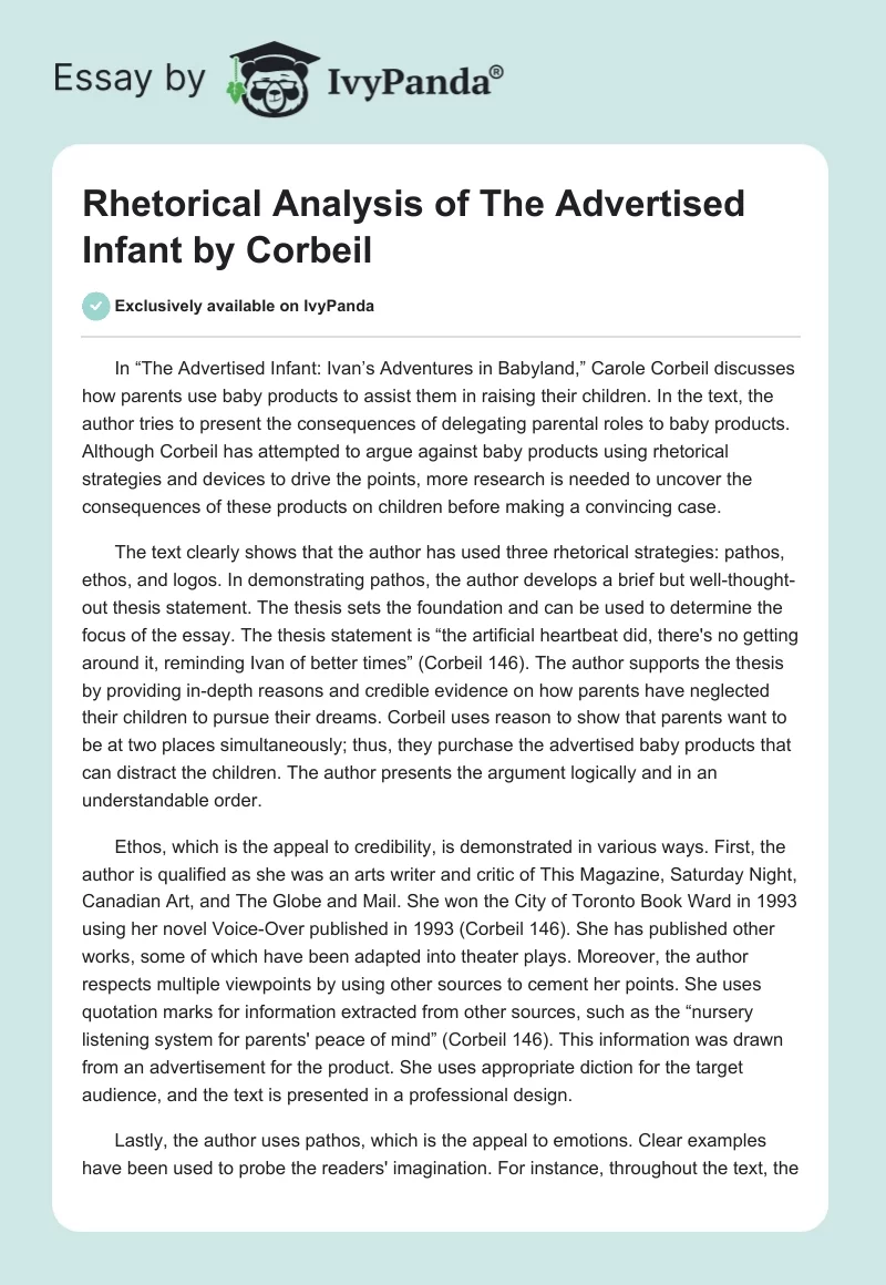 Rhetorical Analysis of The Advertised Infant by Corbeil. Page 1