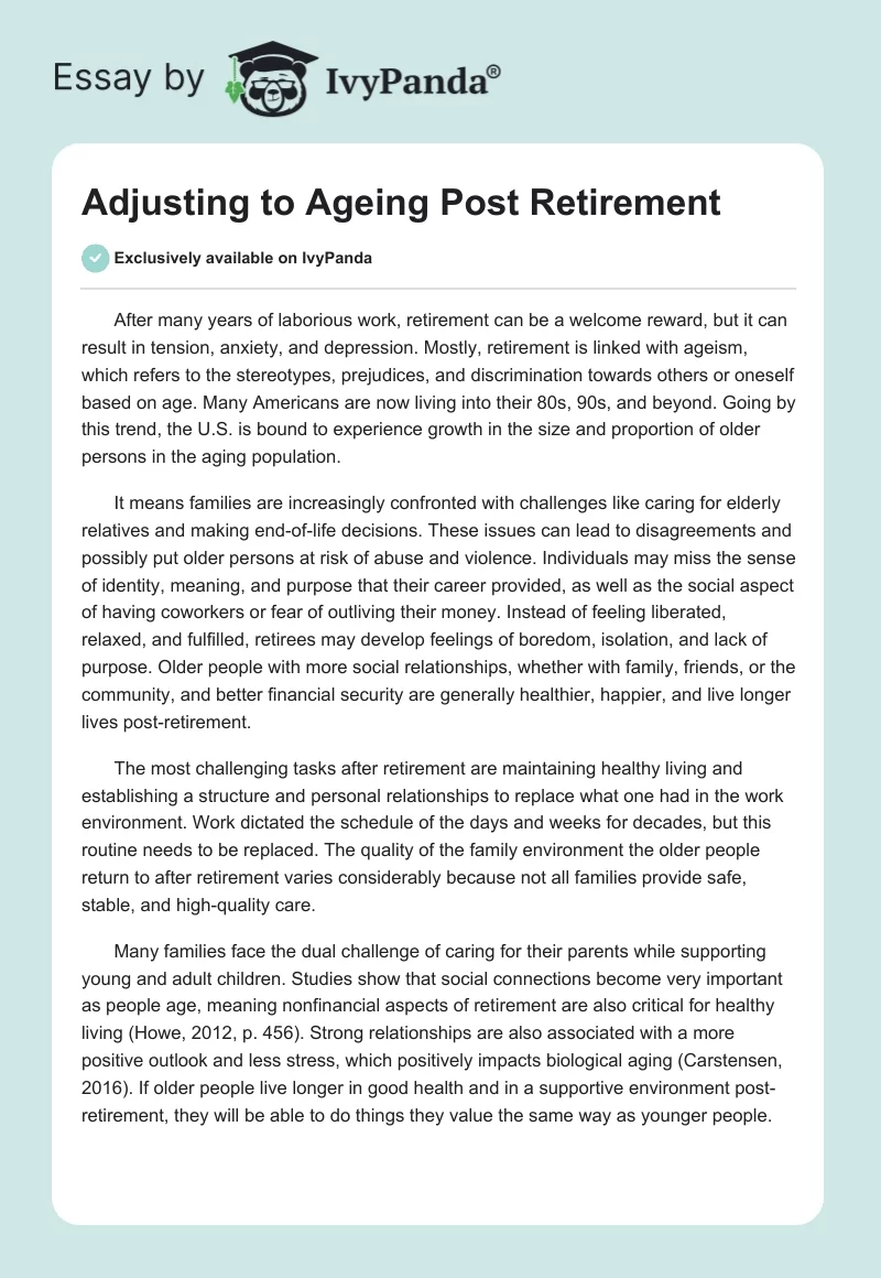 Adjusting to Ageing Post Retirement. Page 1