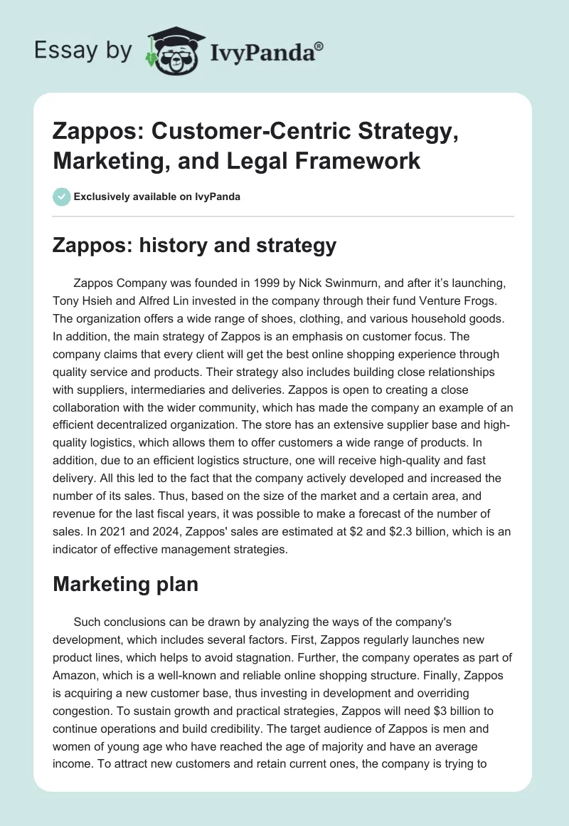 Zappos: Customer-Centric Strategy, Marketing, and Legal Framework. Page 1