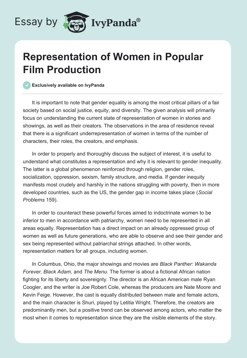 Representation of Women in Popular Film Production. Page 1