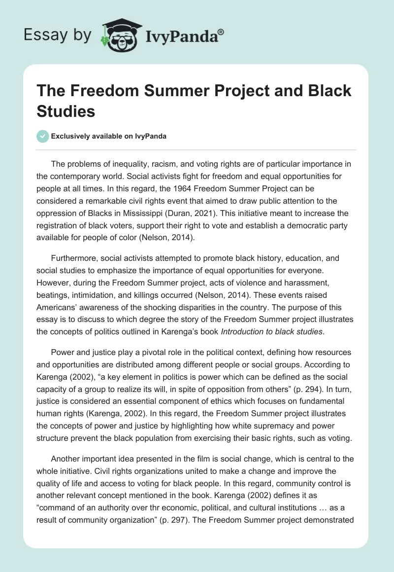 The Freedom Summer Project and Black Studies. Page 1