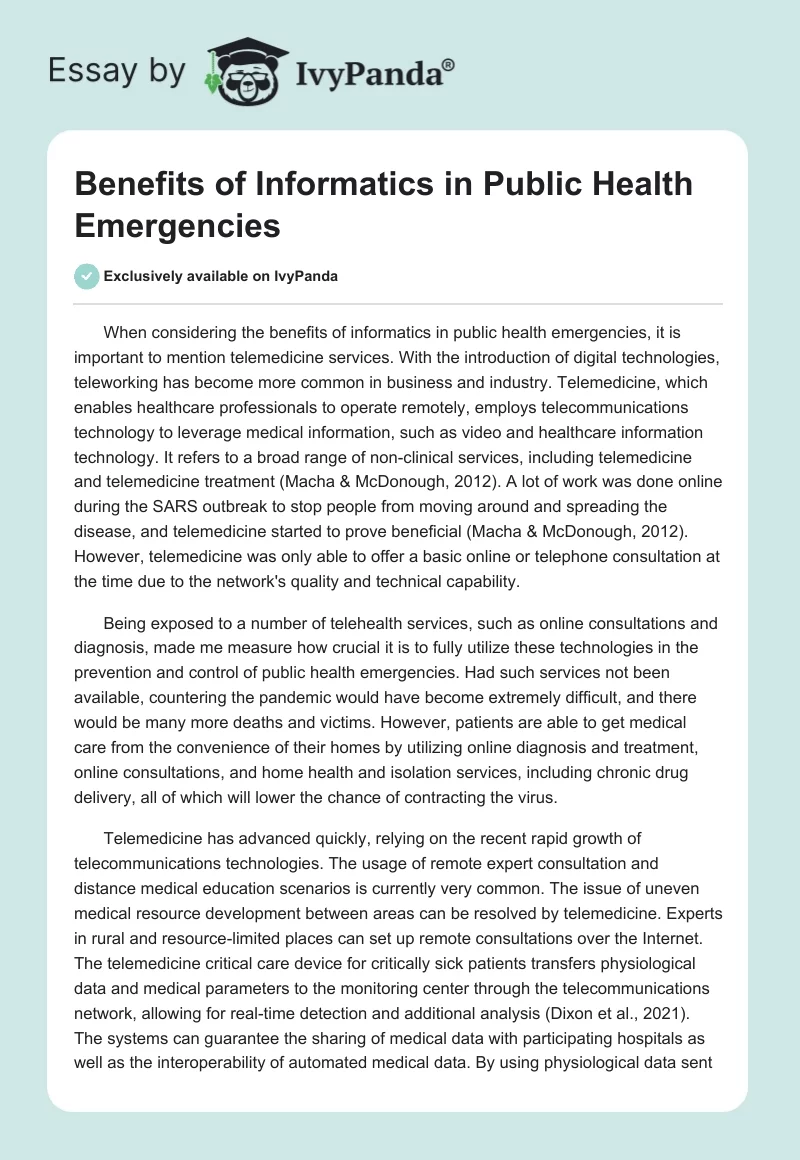 Benefits of Informatics in Public Health Emergencies. Page 1