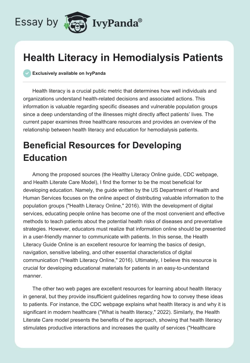 Health Literacy in Hemodialysis Patients. Page 1