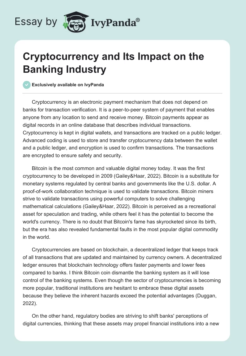Cryptocurrency and Its Impact on the Banking Industry. Page 1