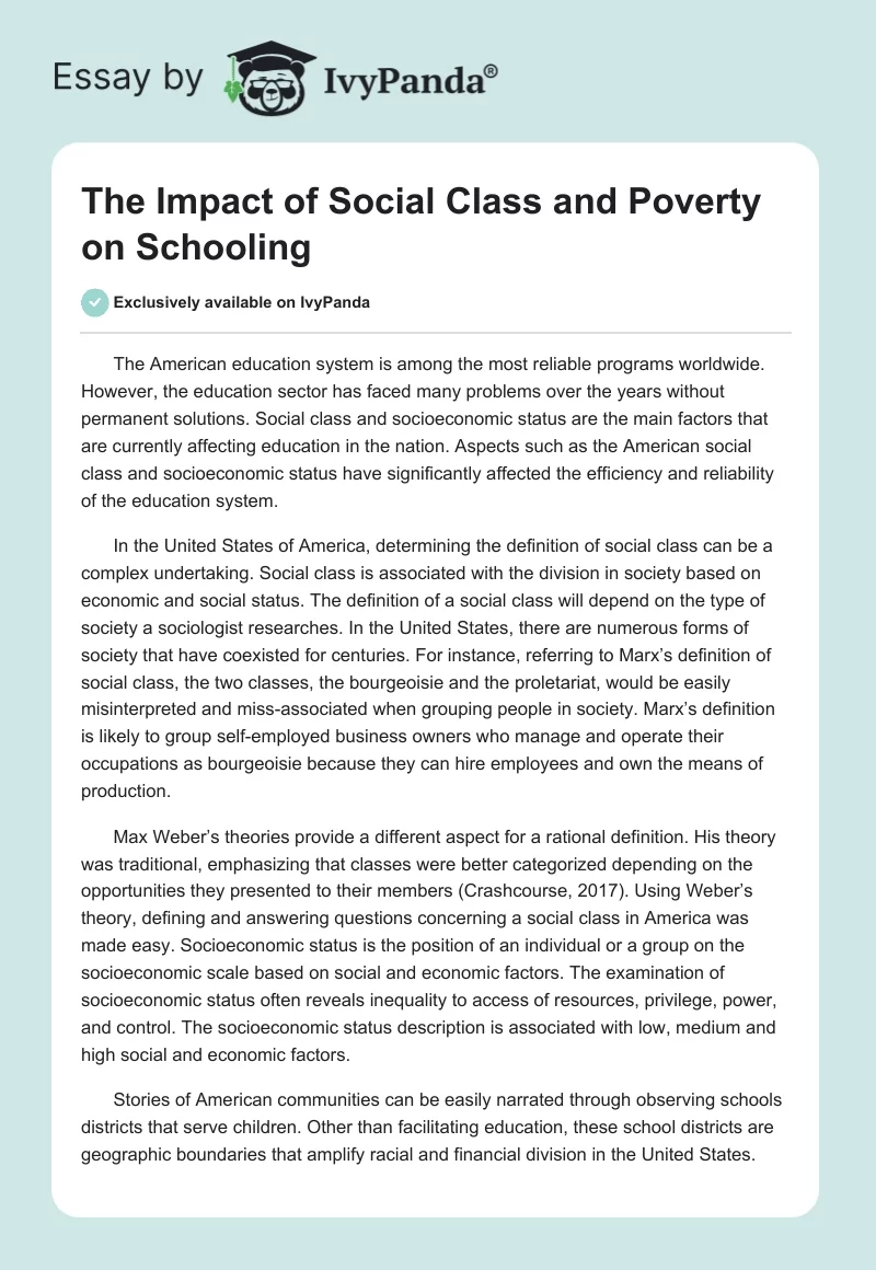 The Impact of Social Class and Poverty on Schooling. Page 1