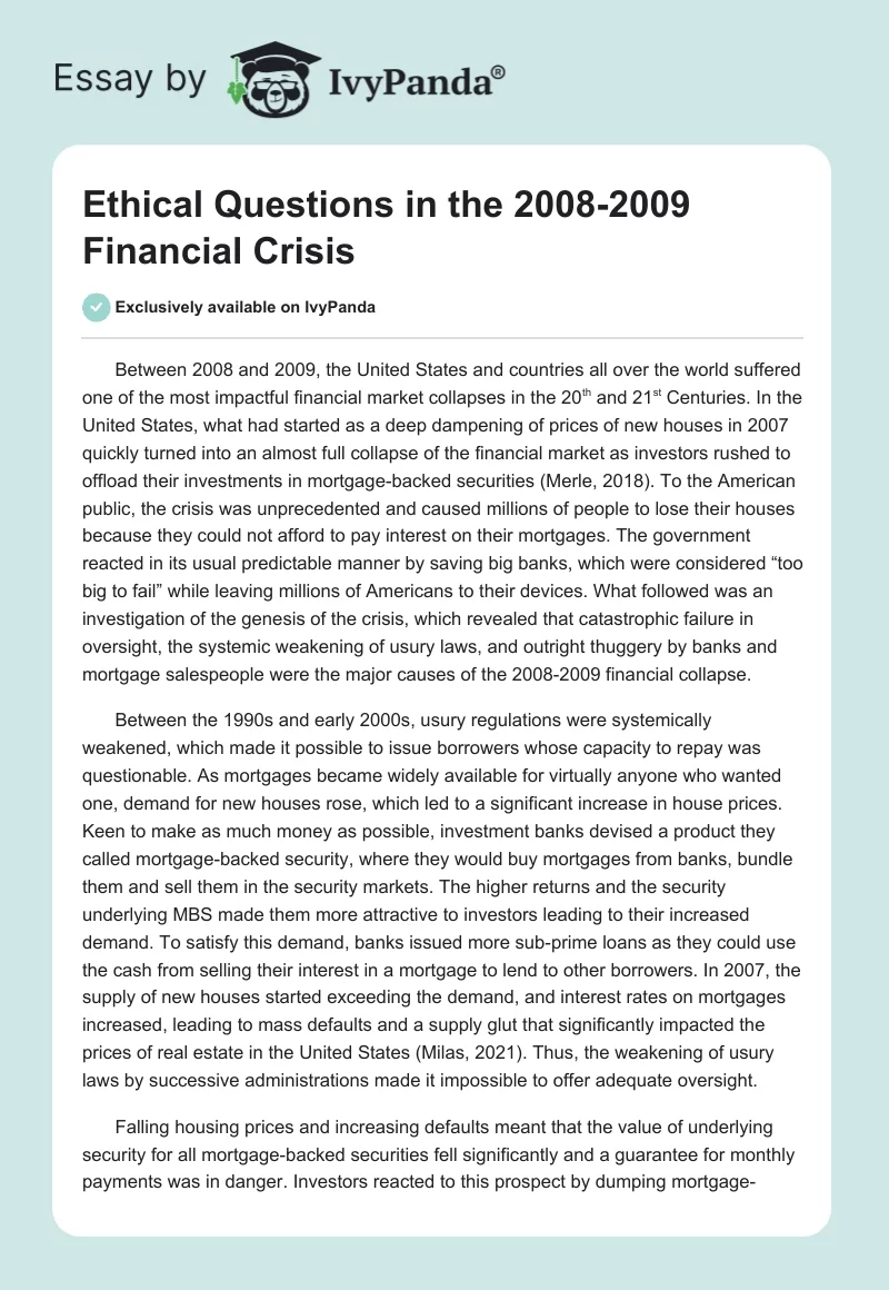 Ethical Questions in the 2008-2009 Financial Crisis. Page 1