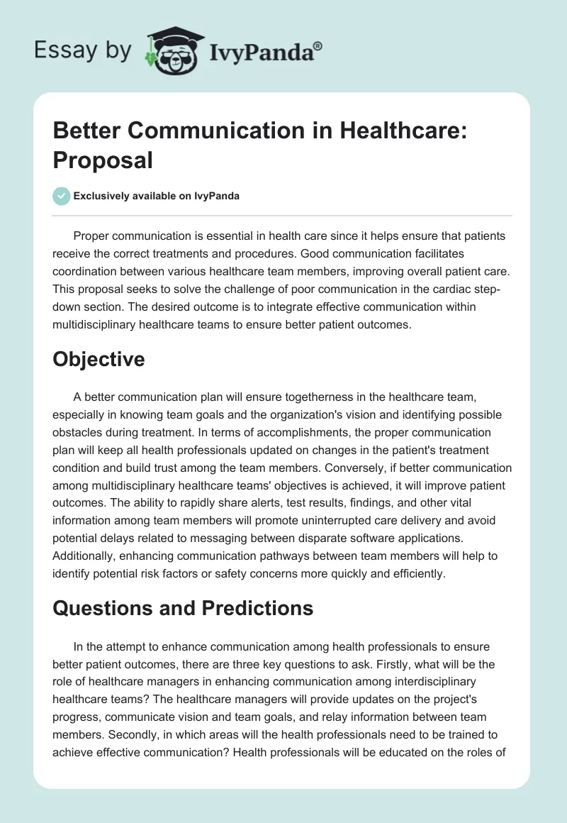 Better Communication in Healthcare: Proposal. Page 1