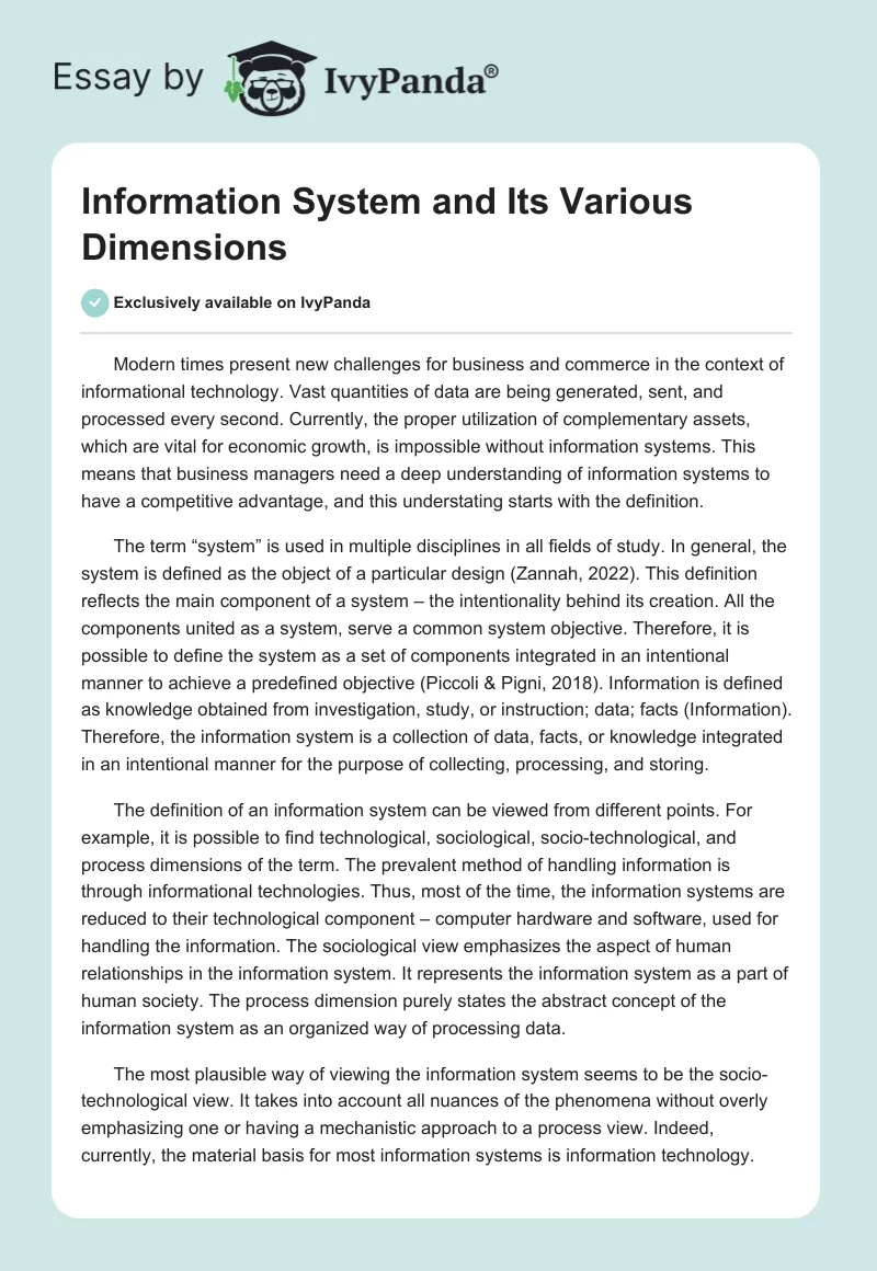 Information System and Its Various Dimensions. Page 1