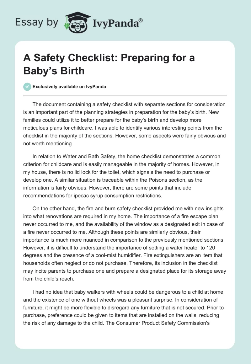 A Safety Checklist: Preparing for a Baby’s Birth. Page 1