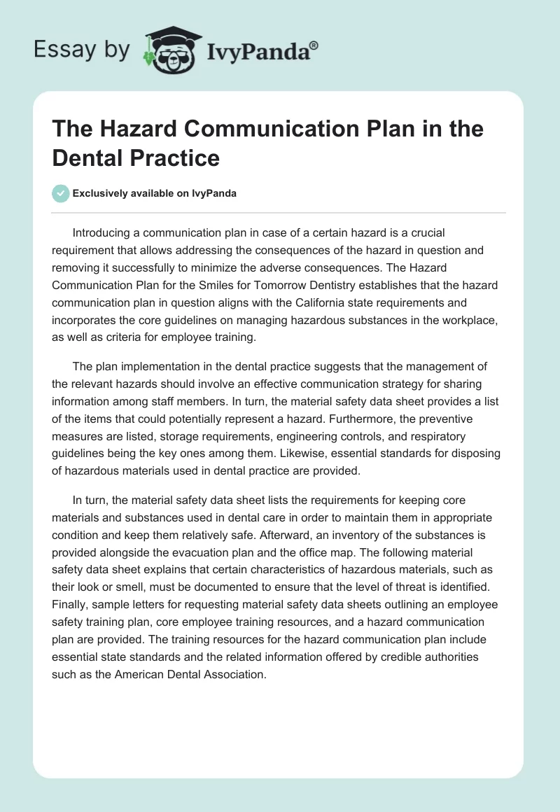 The Hazard Communication Plan in the Dental Practice. Page 1