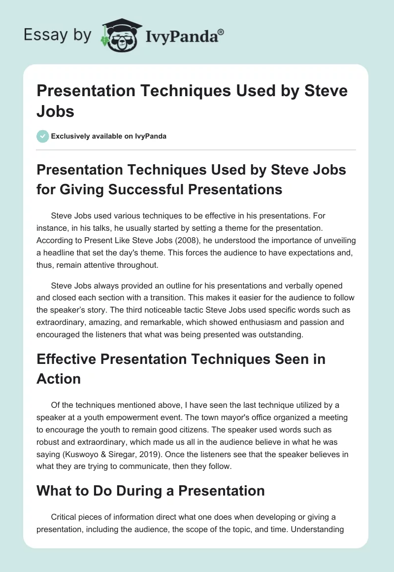 Presentation Techniques Used by Steve Jobs. Page 1