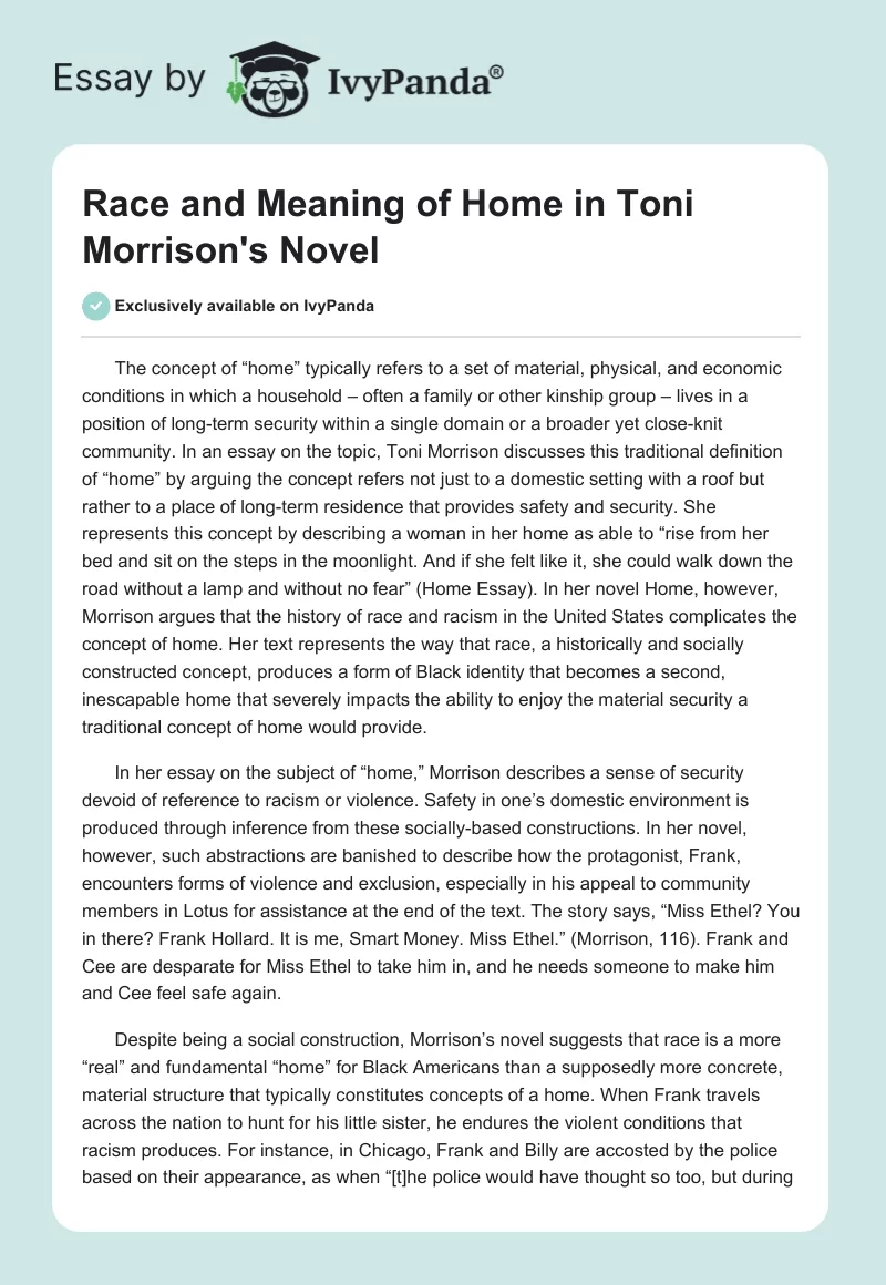 Race and Meaning of Home in Toni Morrison's Novel. Page 1
