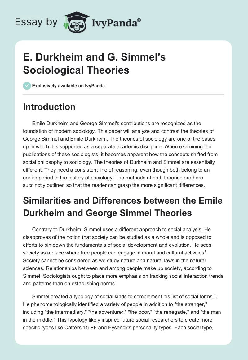 E. Durkheim and G. Simmel's Sociological Theories. Page 1