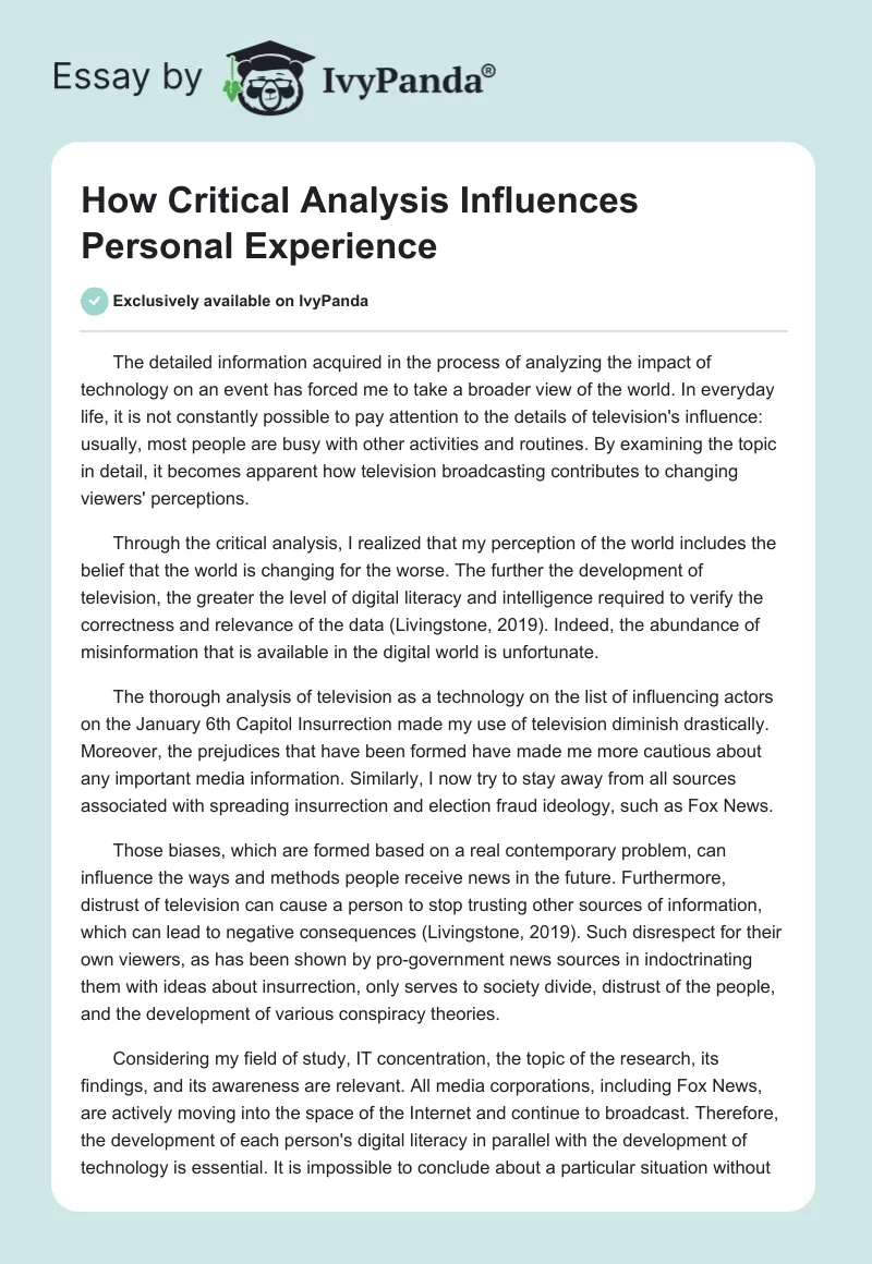 How Critical Analysis Influences Personal Experience. Page 1