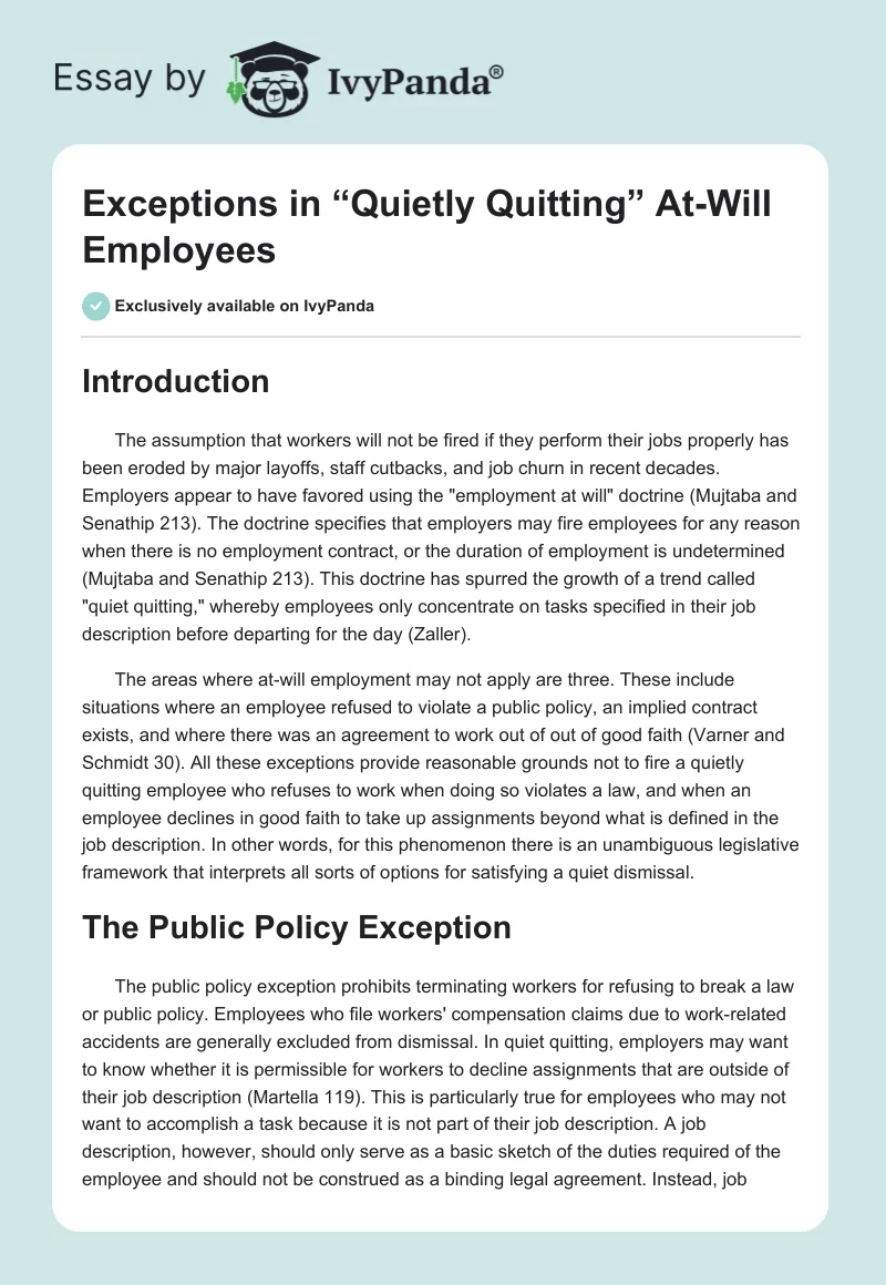 Exceptions in “Quietly Quitting” At-Will Employees. Page 1