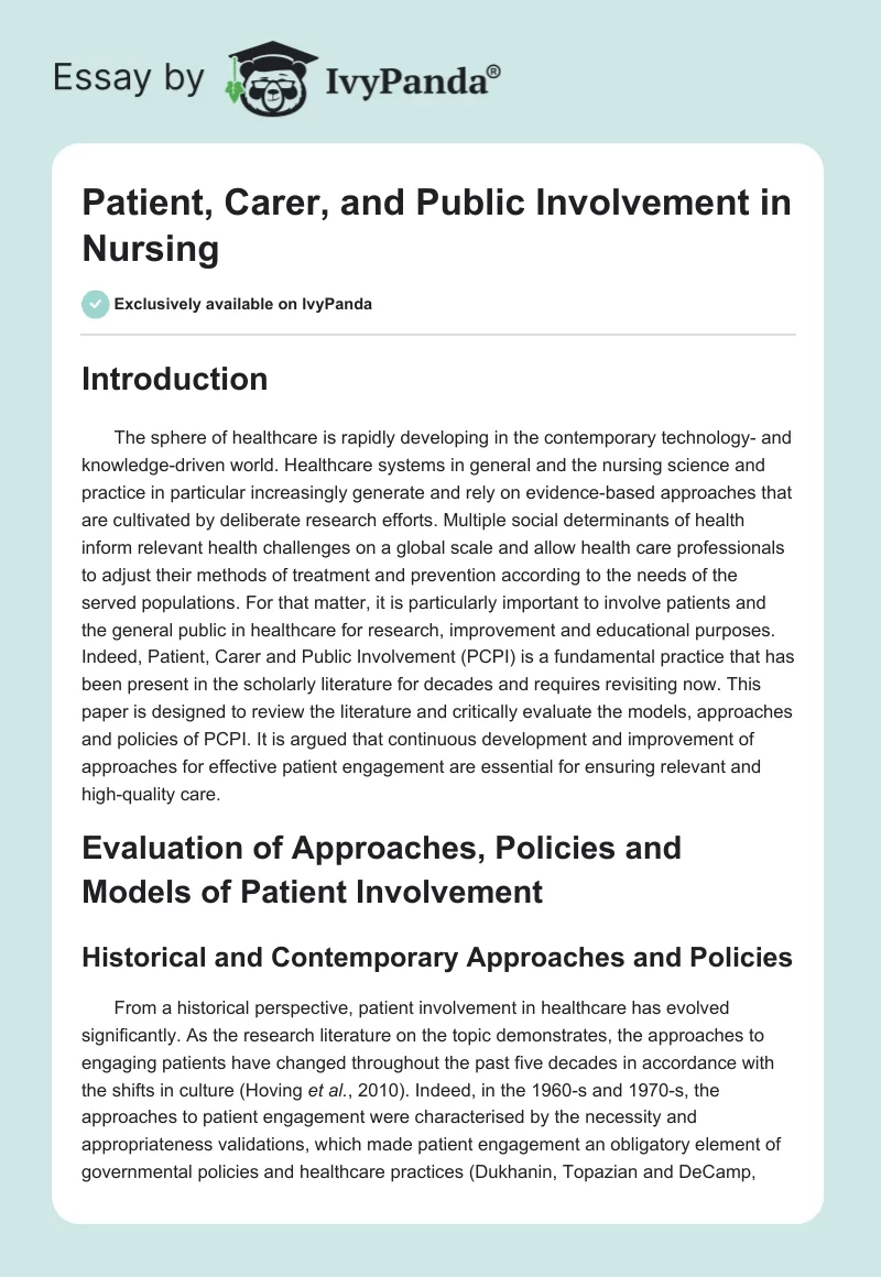 Patient, Carer, and Public Involvement in Nursing. Page 1