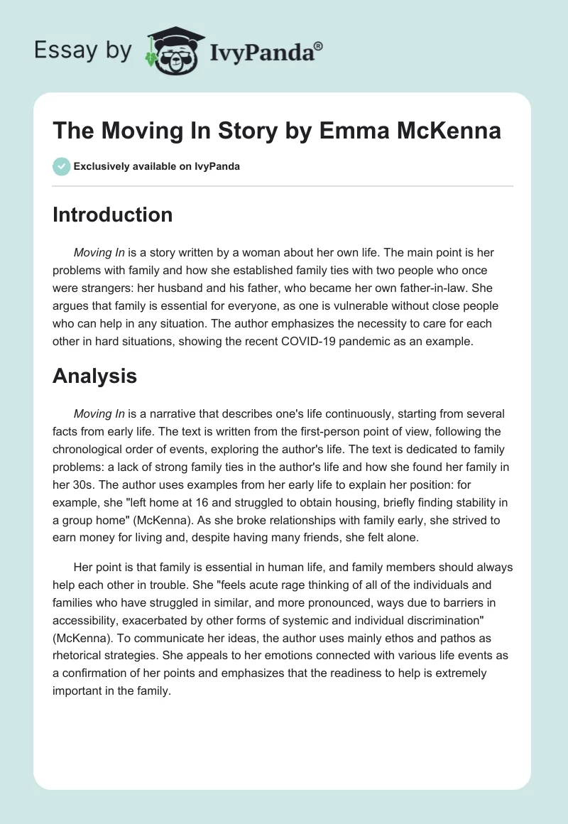 The "Moving In" Story by Emma McKenna. Page 1