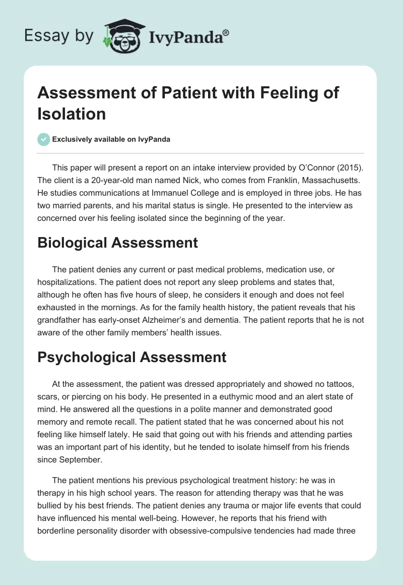 Assessment of Patient with Feeling of Isolation. Page 1