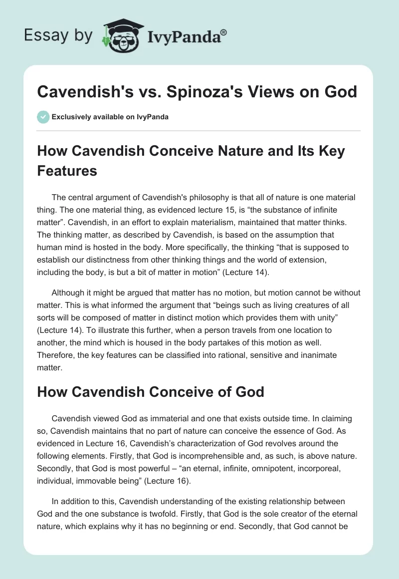 Cavendish's vs. Spinoza's Views on God. Page 1