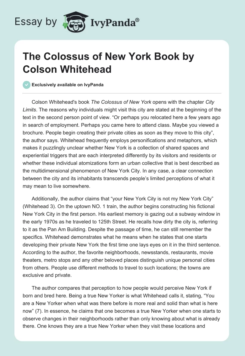 "The Colossus of New York" Book by Colson Whitehead. Page 1