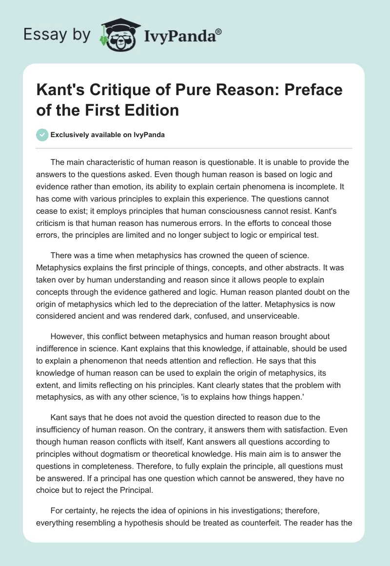 Kant's Critique of Pure Reason: Preface of the First Edition. Page 1