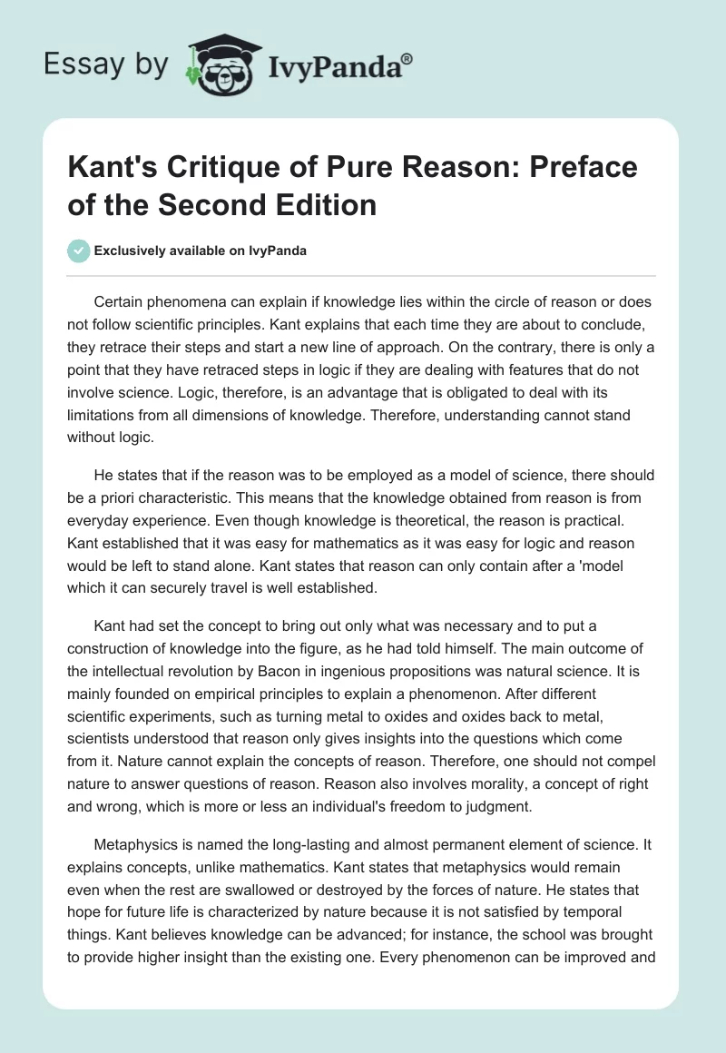 Kant's Critique of Pure Reason: Preface of the Second Edition. Page 1