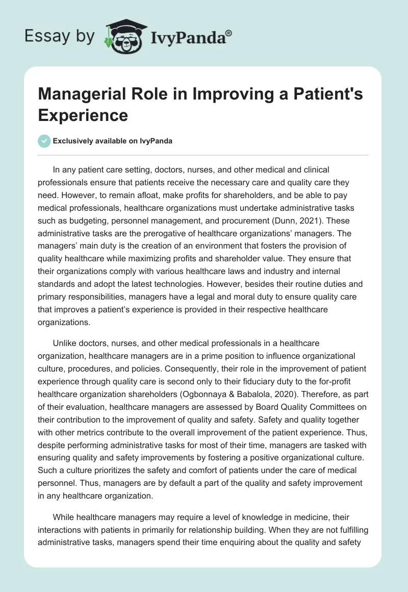 Managerial Role in Improving a Patient's Experience. Page 1