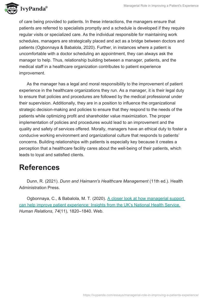 Managerial Role in Improving a Patient's Experience. Page 2