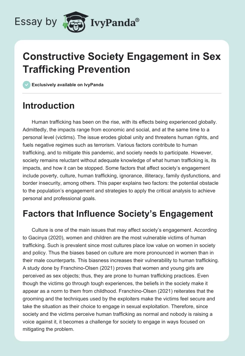 Constructive Society Engagement in Sex Trafficking Prevention. Page 1