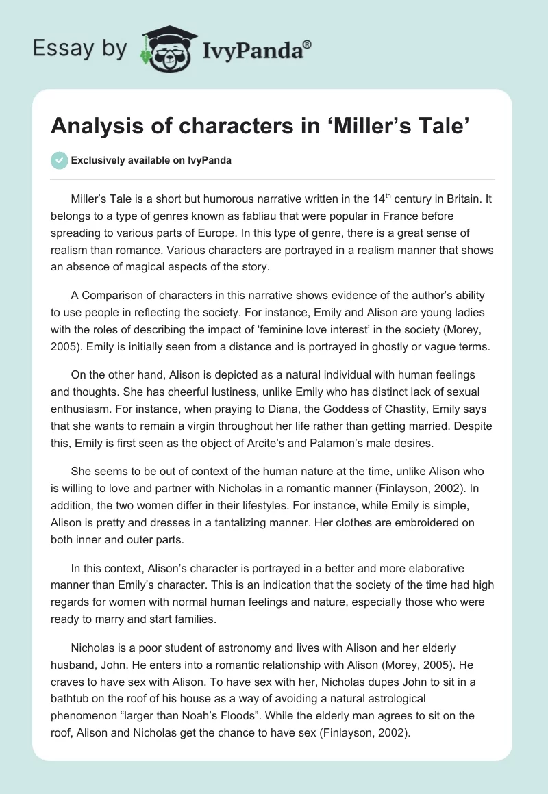 Analysis of characters in ‘Miller’s Tale’. Page 1