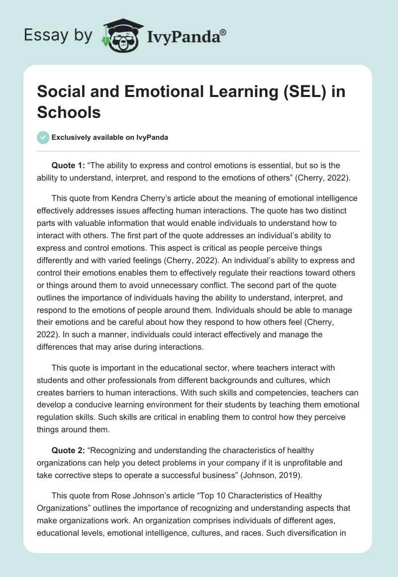 Social and Emotional Learning (SEL) in Schools. Page 1