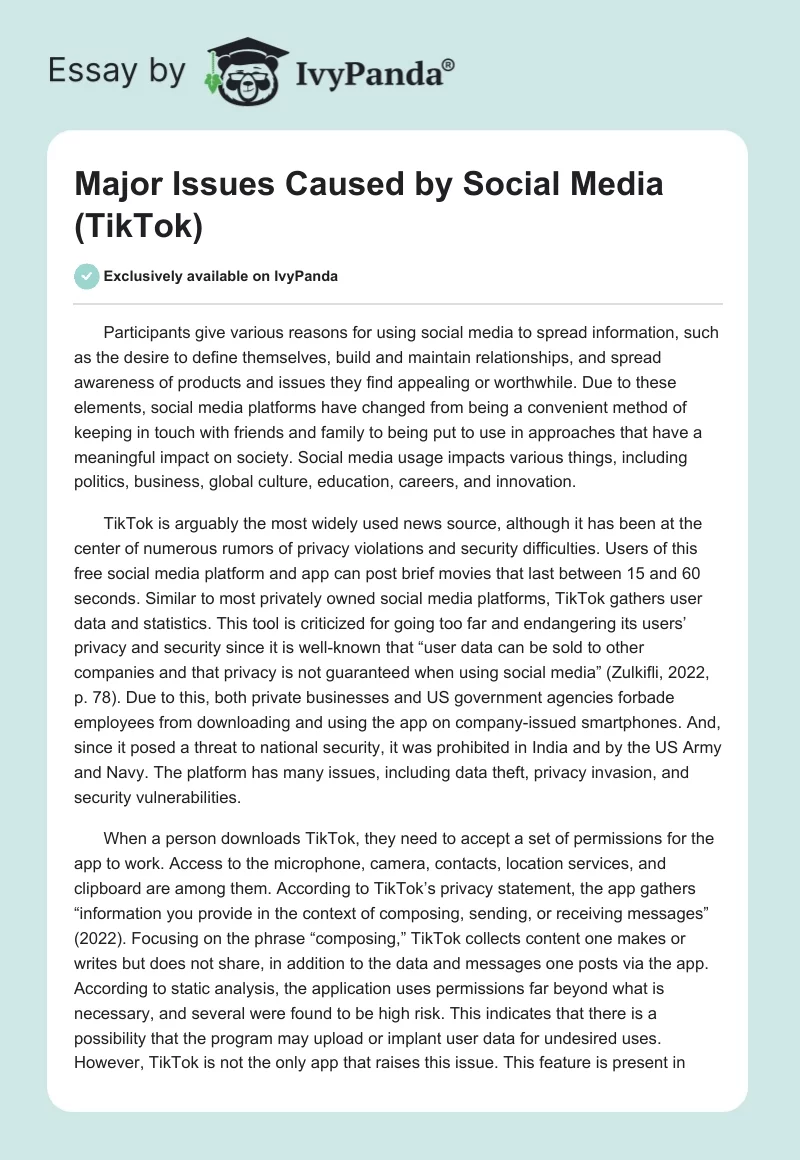 Major Issues Caused by Social Media (TikTok). Page 1