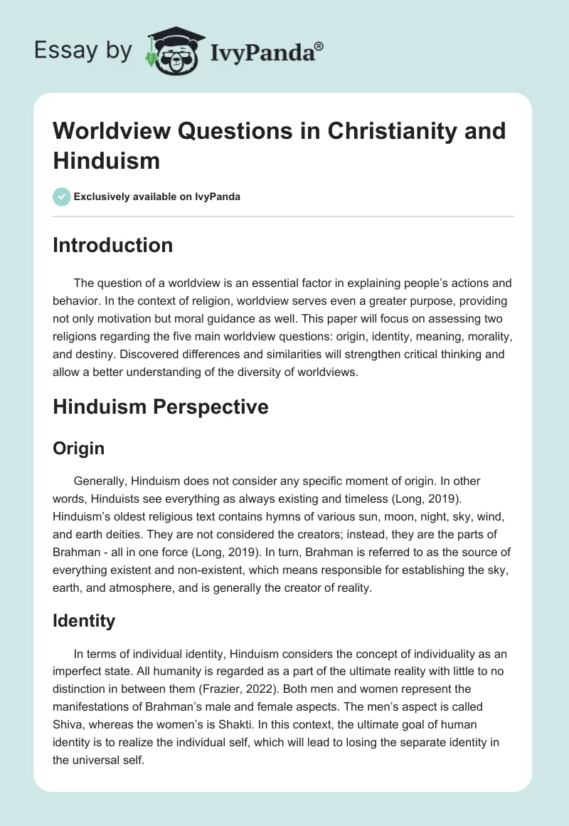 Worldview Questions in Christianity and Hinduism. Page 1