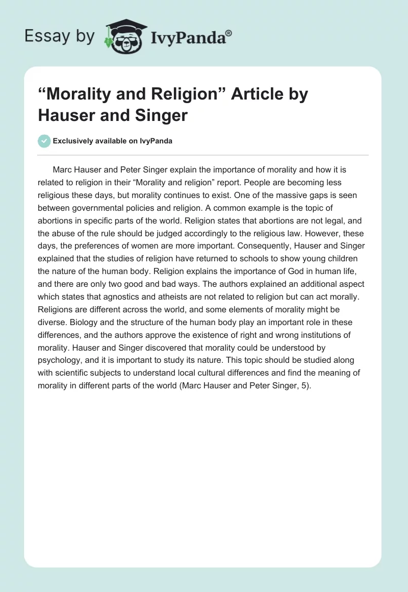 “Morality and Religion” Article by Hauser and Singer. Page 1