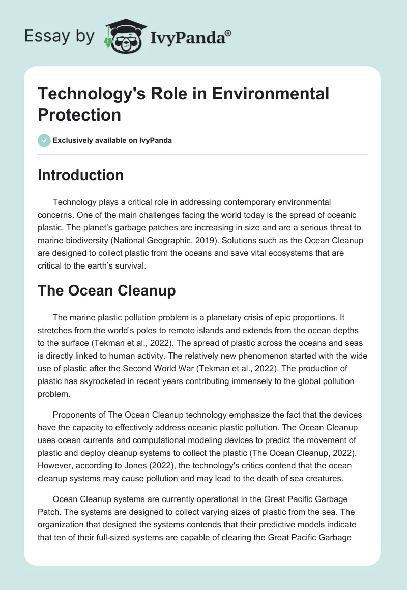 Technology’s Role in Environmental Protection: The Ocean Cleanup. Page 1