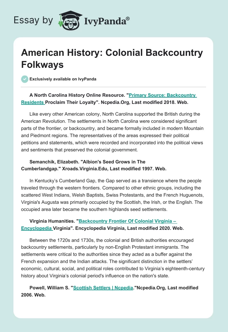 American History: Colonial Backcountry Folkways. Page 1