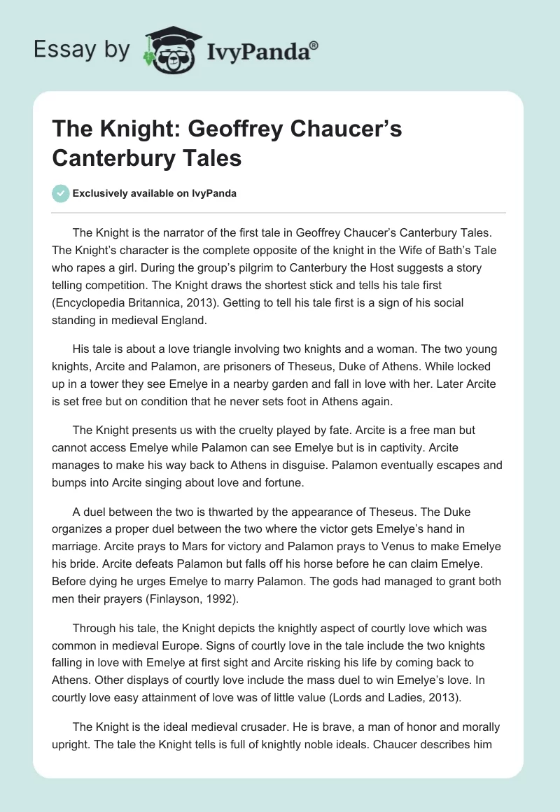 The Knight: Geoffrey Chaucer’s The Canterbury Tales. Page 1