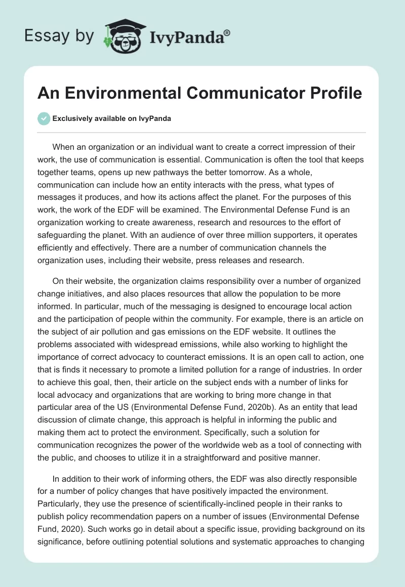 An Environmental Communicator Profile. Page 1